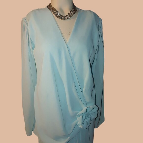 Vintage AEMW Light Blue Wrap Dress Floral Detail Long Sleeves Back Zipper USA - Picture 5 of 16